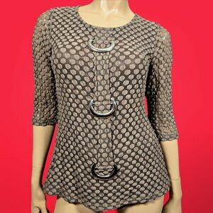 Y2K Fairy Oversized Silver Buckle Top Brown Polka Dot Mesh Half Sleeve Size M